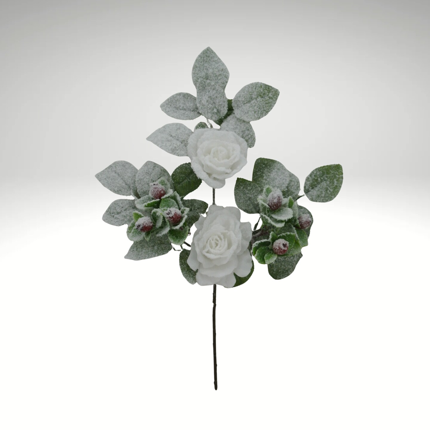 18&#x22; White Rose Berry Spray &#x2013; Flocked Artificial Rose Stem for Holiday Arrangements-83754-WT