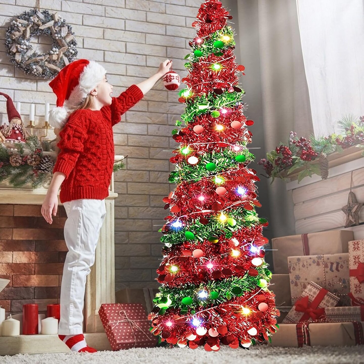 5 Ft Pop Up Christmas Tree with 50 Lights(Red a)15&#x22;D x 15&#x22;W x 60&#x22;H