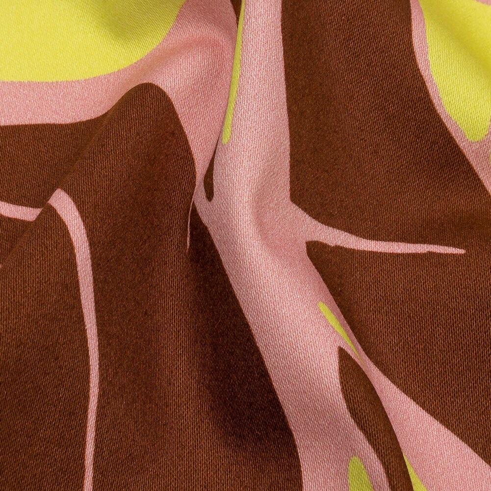 1 Yard Stretch Cotton Sateen Pink and Yellow Leaves Flying Swirls Print Fabric