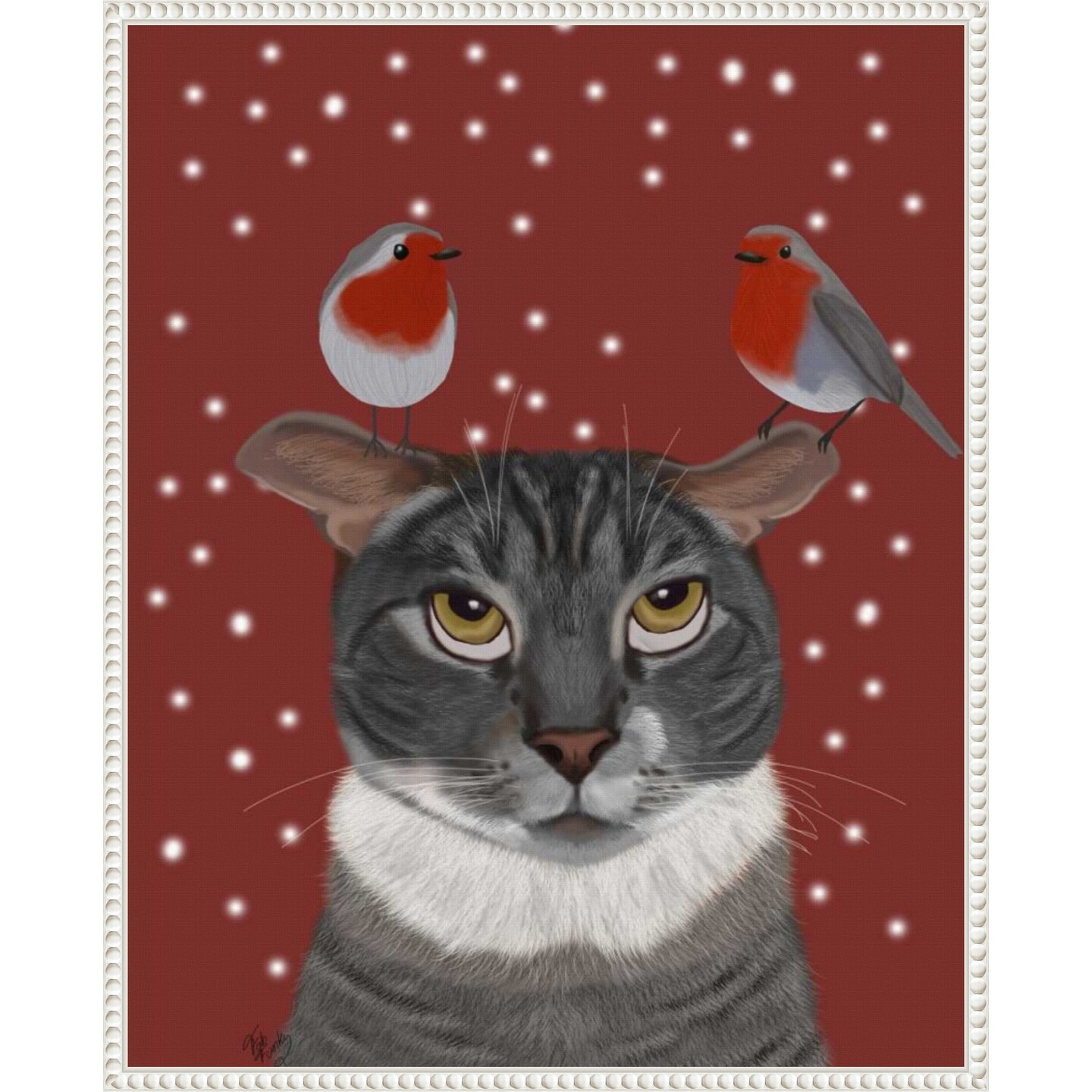 Grey Cat and Robins by Fab Funky 23-in. W x 28-in. H. Canvas Wall Art Print Framed