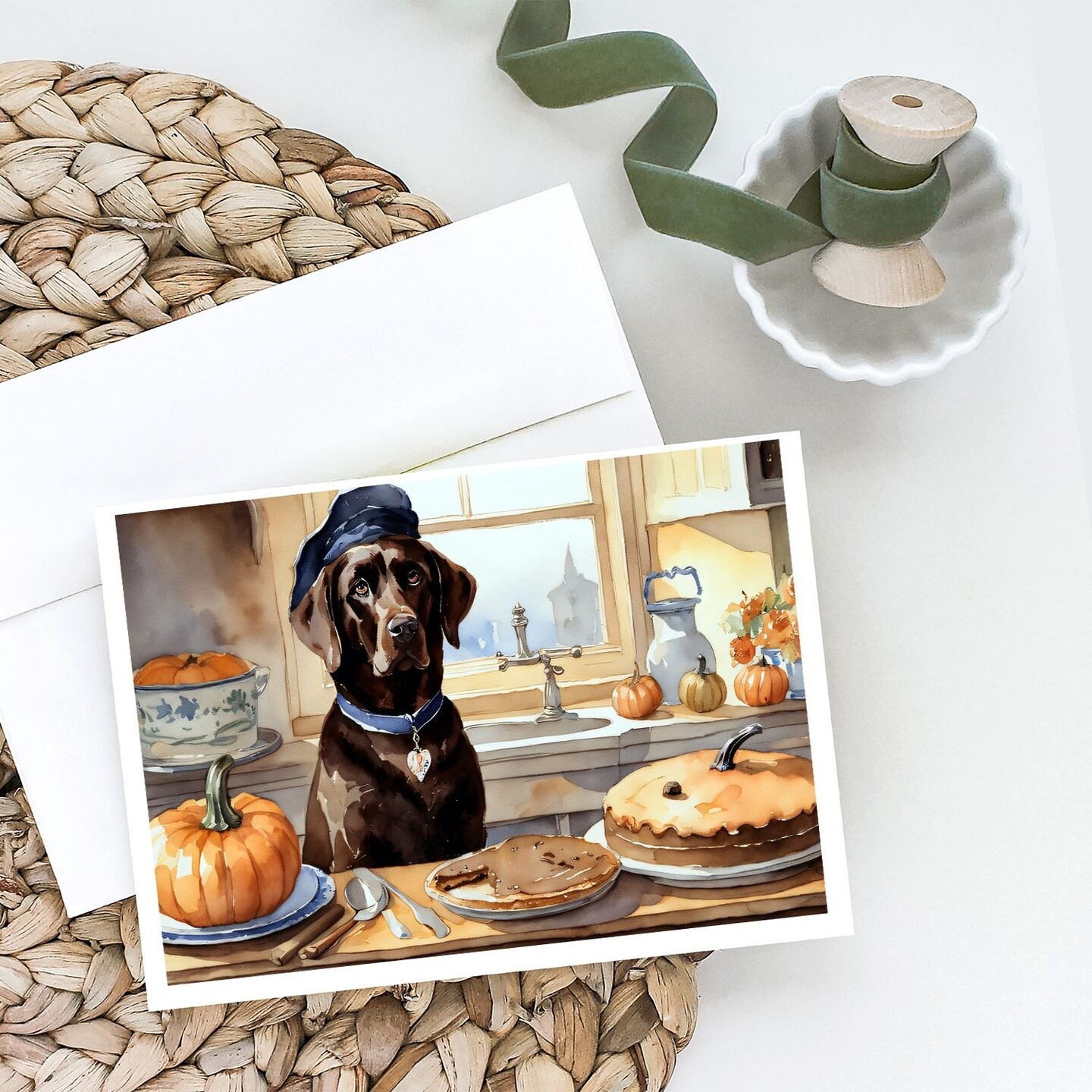 Edge Collections - 5" x 7" - Multicolor - Chocolate Lab Fall Pumpkins Kitchen Greeting Cards - 8 Pieces