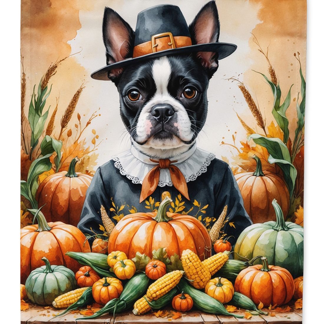 Edge Collections - 28" x 40" - Multicolor - Boston Terrier House Thanksgiving Flag Decorative Sleeve Pole Banner - 1 Piece