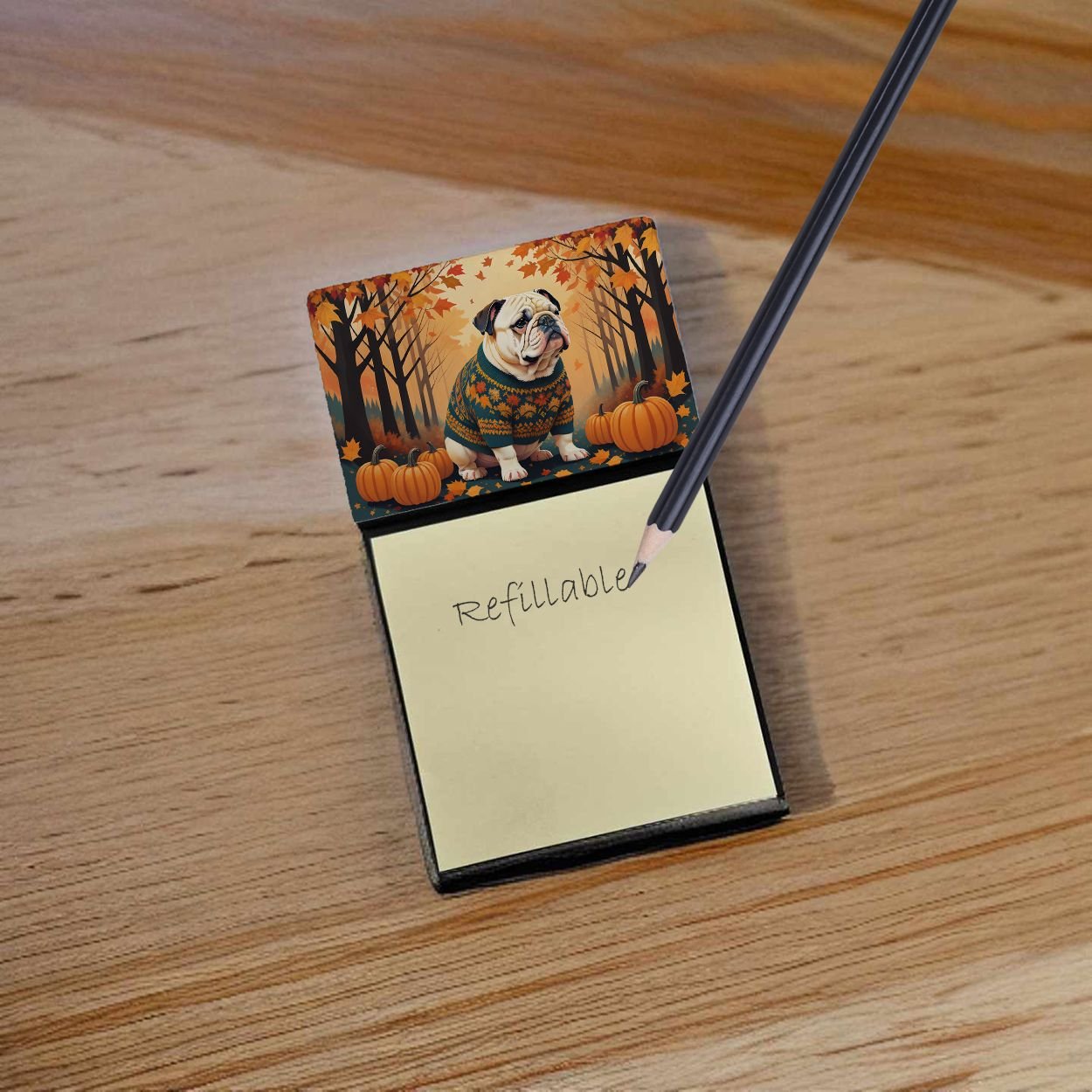 Edge Collections - 3" x 3" - Multicolor - White English Bulldog Sticky Note Holder Refillable Dispenser - 1 Piece