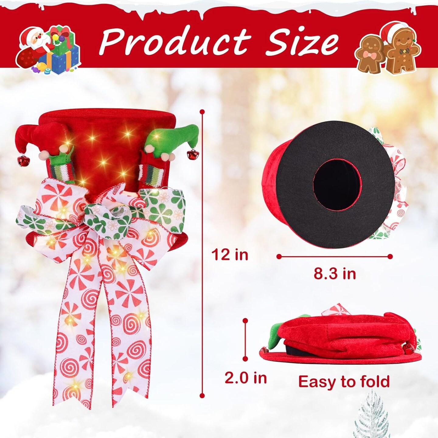 Lighted Christmas Tree Topper Red Velvet Hat with Bow and Elf Legs