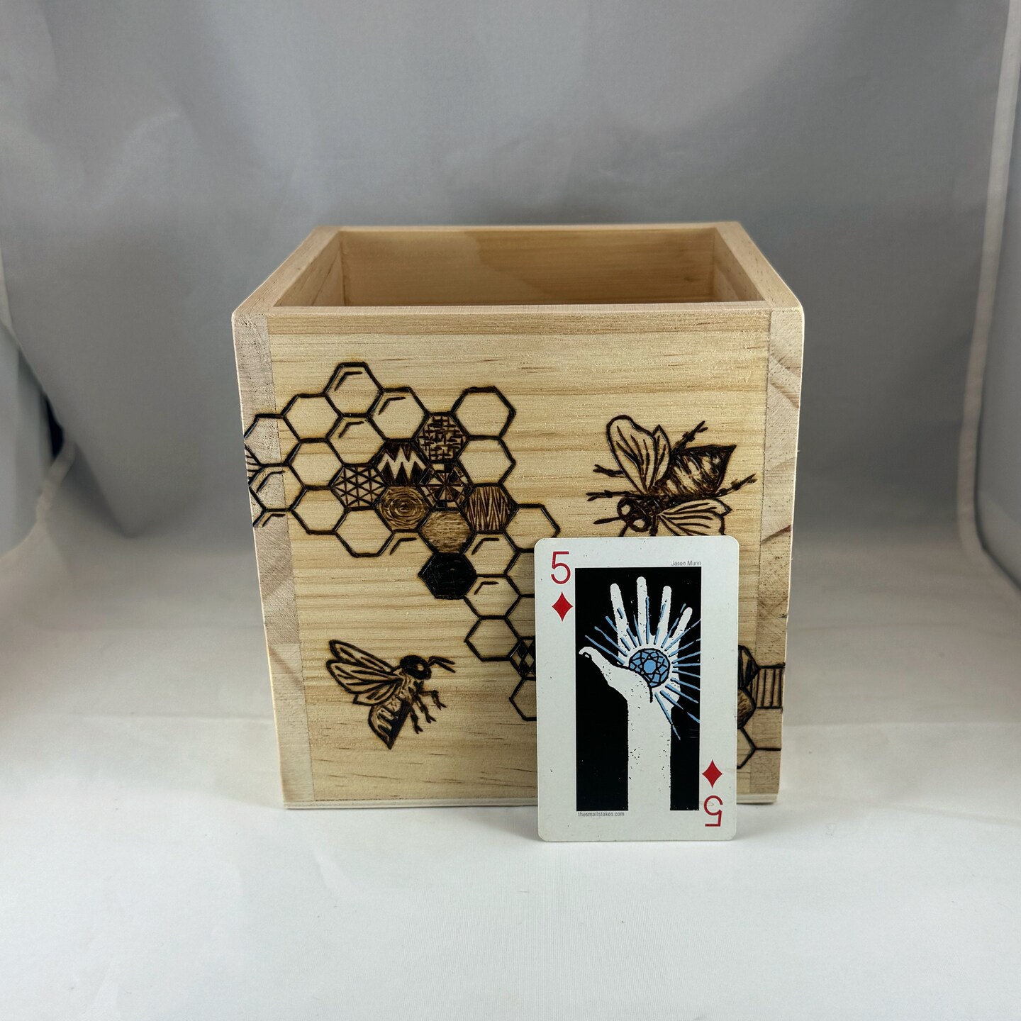 Honeybee Honeycomb Hexagons Square Wood Box w Handle, Pyrography