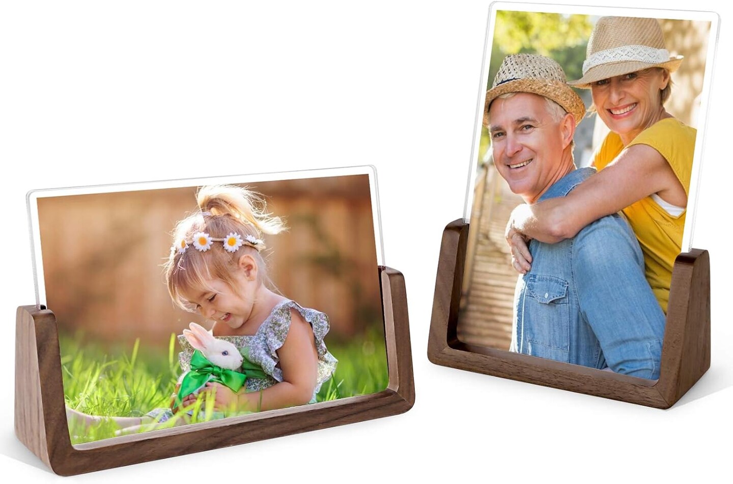 2 Pack 5x7 Inch Rustic Wooden Photo Frames with Walnut Base and Acrylic Glass (Horizontal + Vertical)