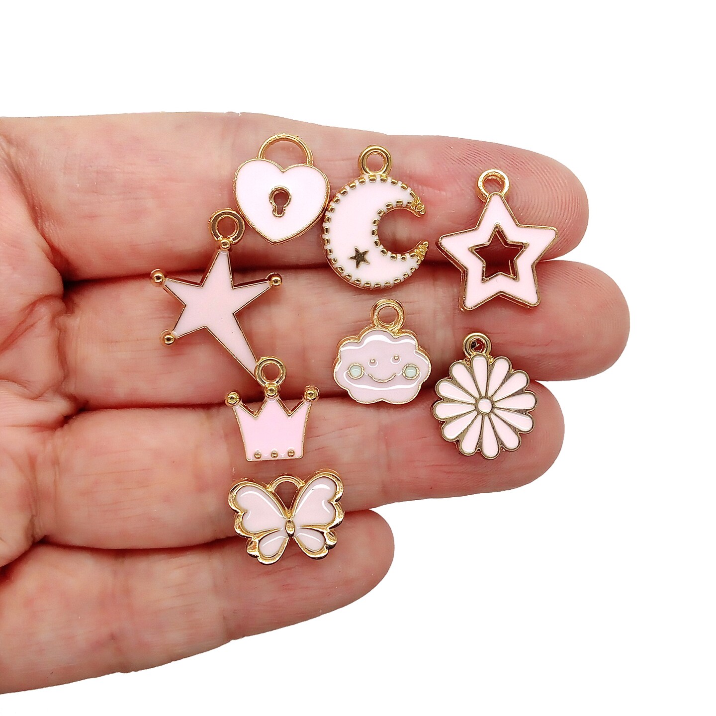 Pink Enamel Charms Mix, 20 pcs, Hearts Stars Crowns, Adorabilities