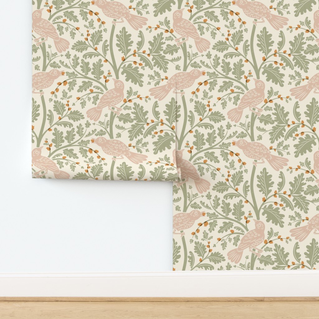 Cottagecore Sage Green Blush Pink Bird Woodland Rustic Leaves Custom Removable Wallpaper by Spoonflower Peel & Stick Wallpaper 2FT Wide