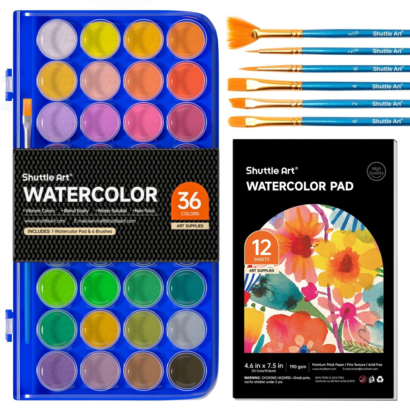 Shuttle Art 43 Pack Watercolor Paint Set, 36 Colors Watercolor Paint Pan Set with 6 Brushes and 1 Watercolor Pad for Beginners, Artists, Kids &#x26; Adults Watercolor Painting, Bullet Journal, Calligraphy