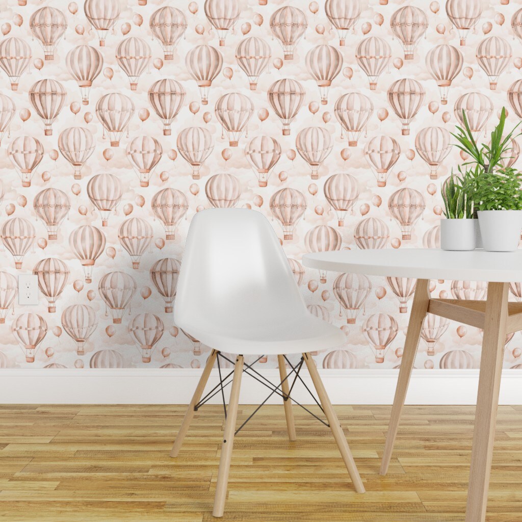 Peel &#x26; Stick Wallpaper 2FT Wide Neutral Balloon Soft Pastel Hot Air Whimsical Fun Cute Happy Cheerful Beige Blush Pink Custom Removable Wallpaper by Spoonflower