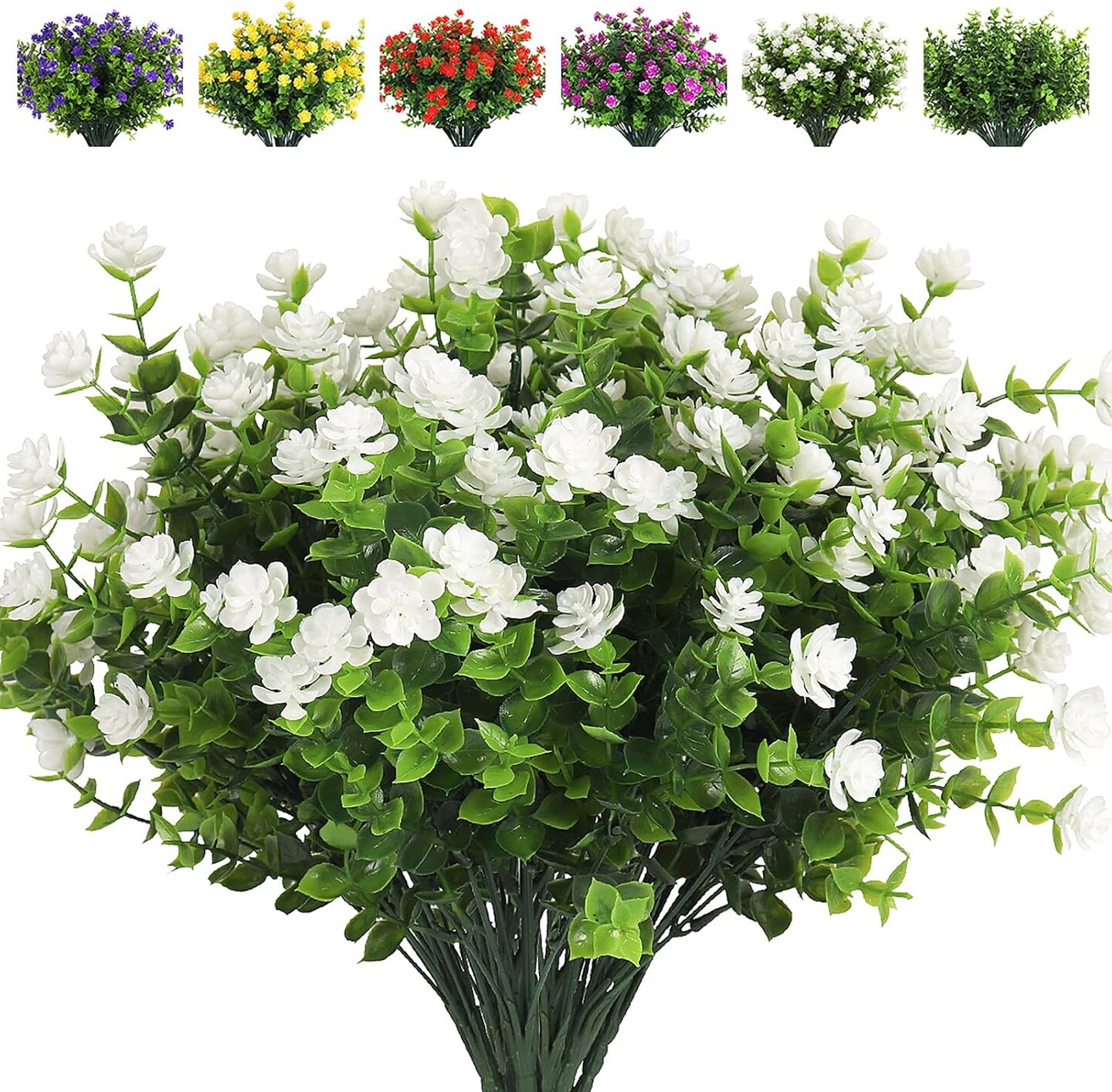 Artificial Flowers, Fake Outdoor UV Resistant Plants Artificial Lotus Flowers Eucalyptus Greenery Shrubs Bridal Wedding Bouquet for Home Garden Party Wedding Decoration 8 Bundles (White)