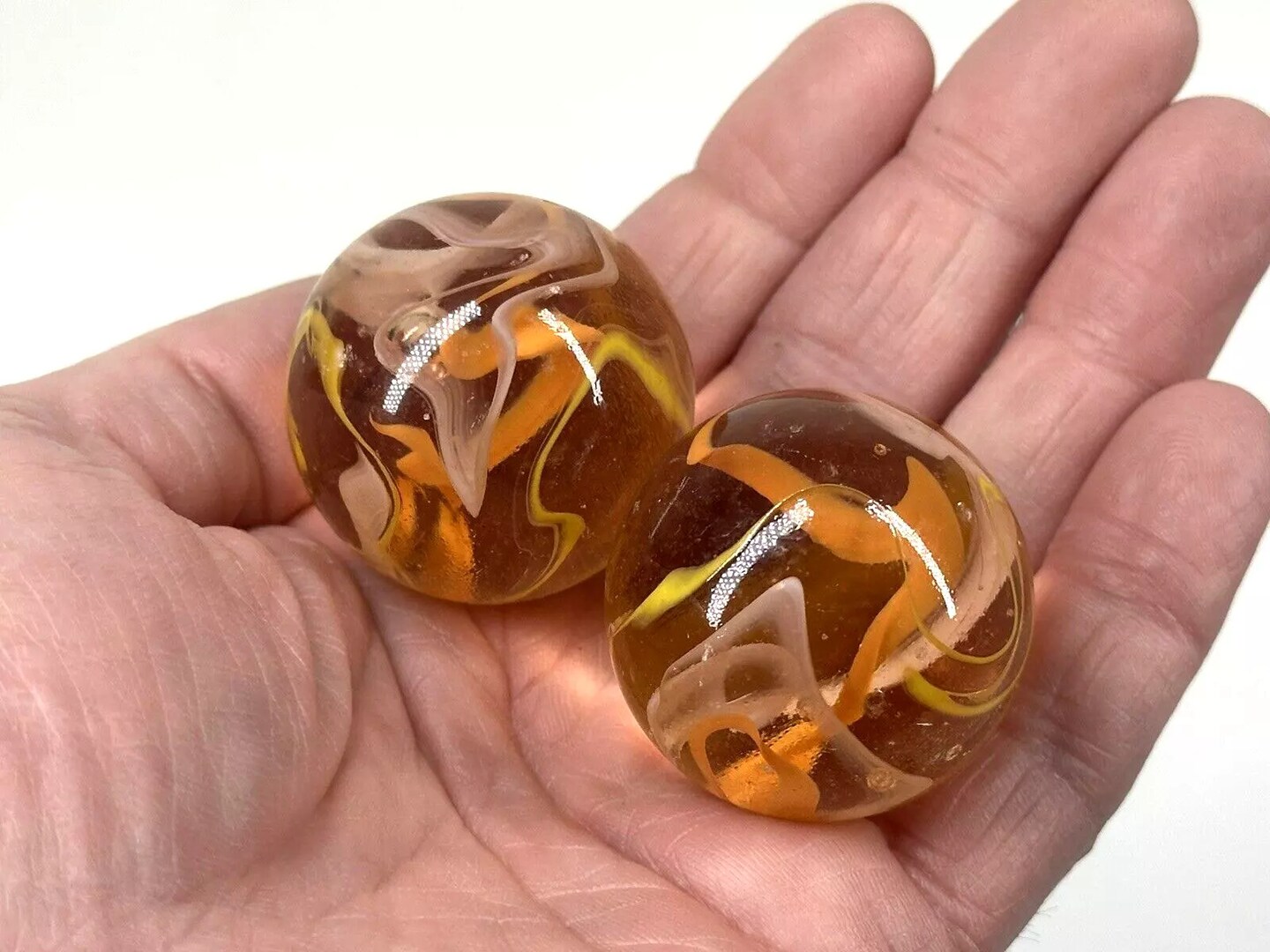 FIrefly 35mm Marbles~set of 2 Boulders glass Clear Orange/yellow/White