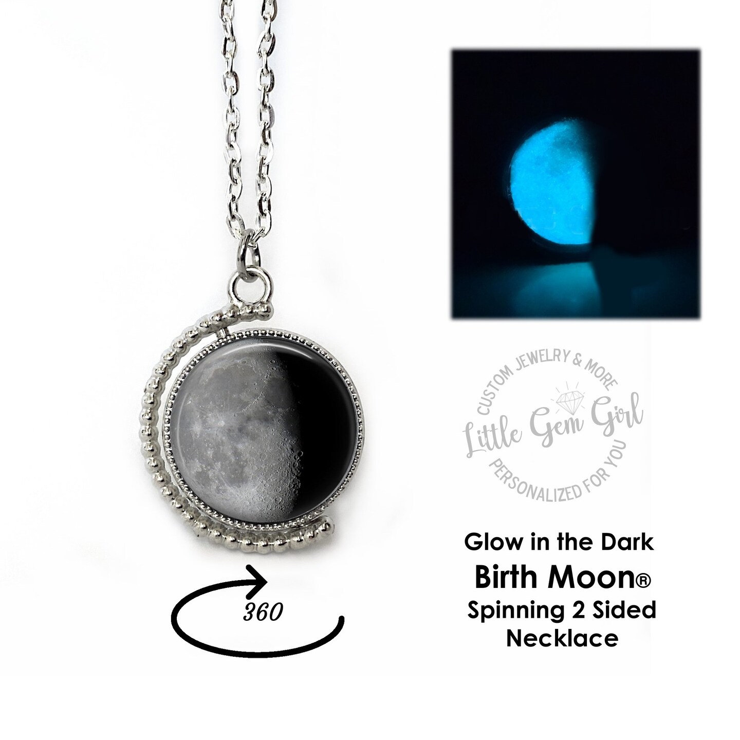 Birth Moon Glow in the Dark Necklace, 360 Spinning Double-Sided Pendant, 20mm Lunar Phase, Gift for Birthday, Anniversary, Special Date 436350577644142592