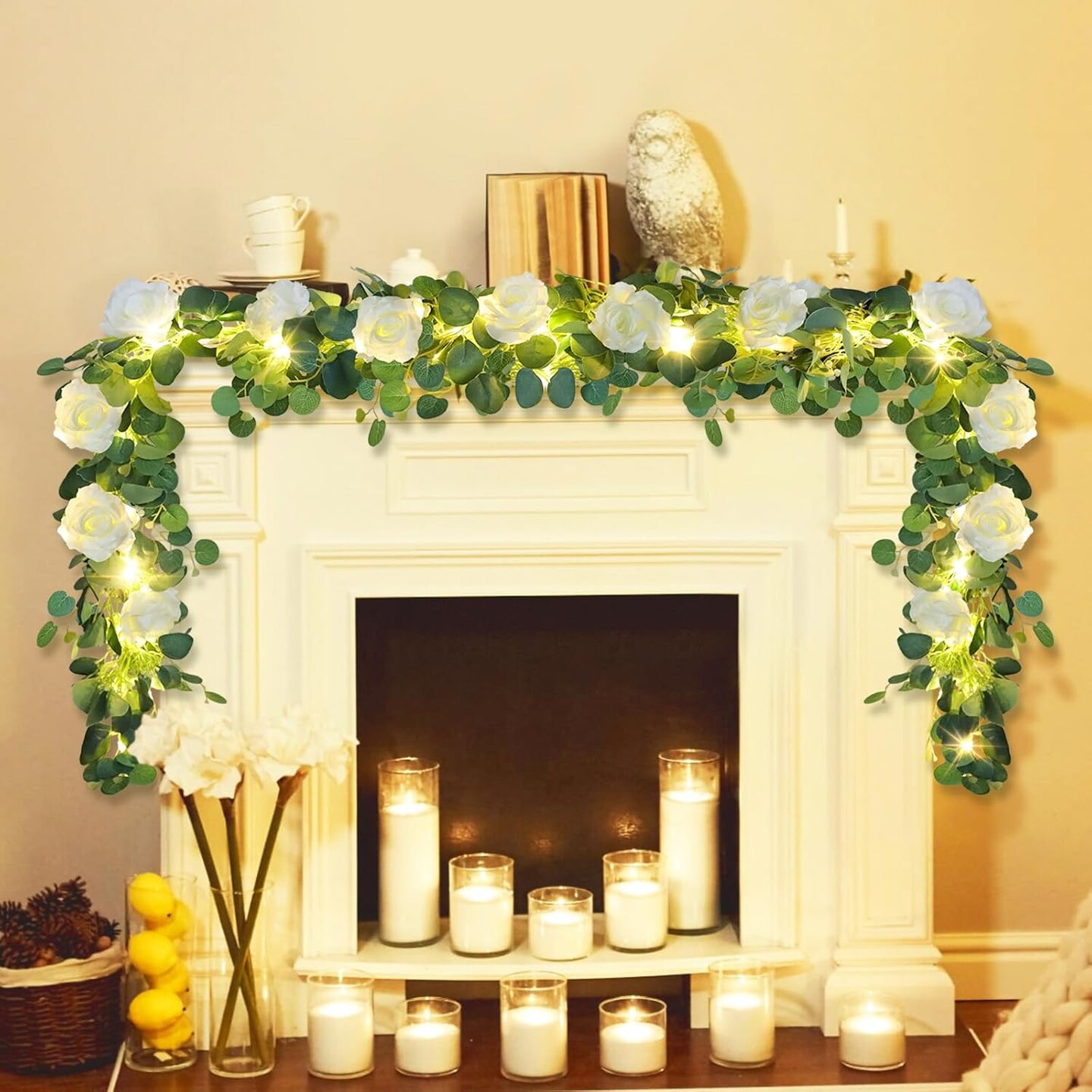 6.6FT Eucalyptus Garland with Lights Spring Baby Breath Flower Garland with 12 White Roses Artificial Floral Greenery Vine for Table Arch Backdrop Wedding Valentines Day Decorations