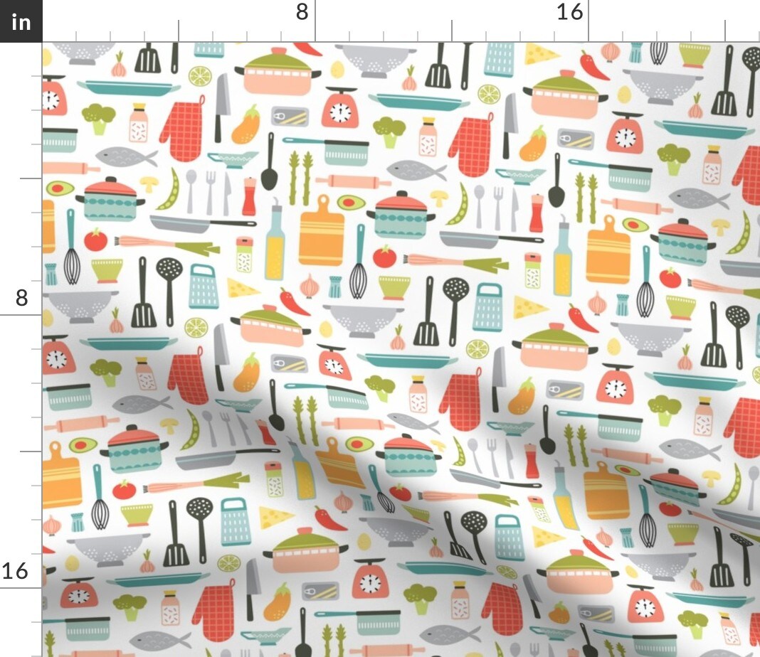 Kitchenware Cooking Pot Pan Knife Spatula Oven Mitt Grater Fish Pepper Custom Printed Fabric by Spoonflower Various Fabrics by the Yard or Fat Quarter