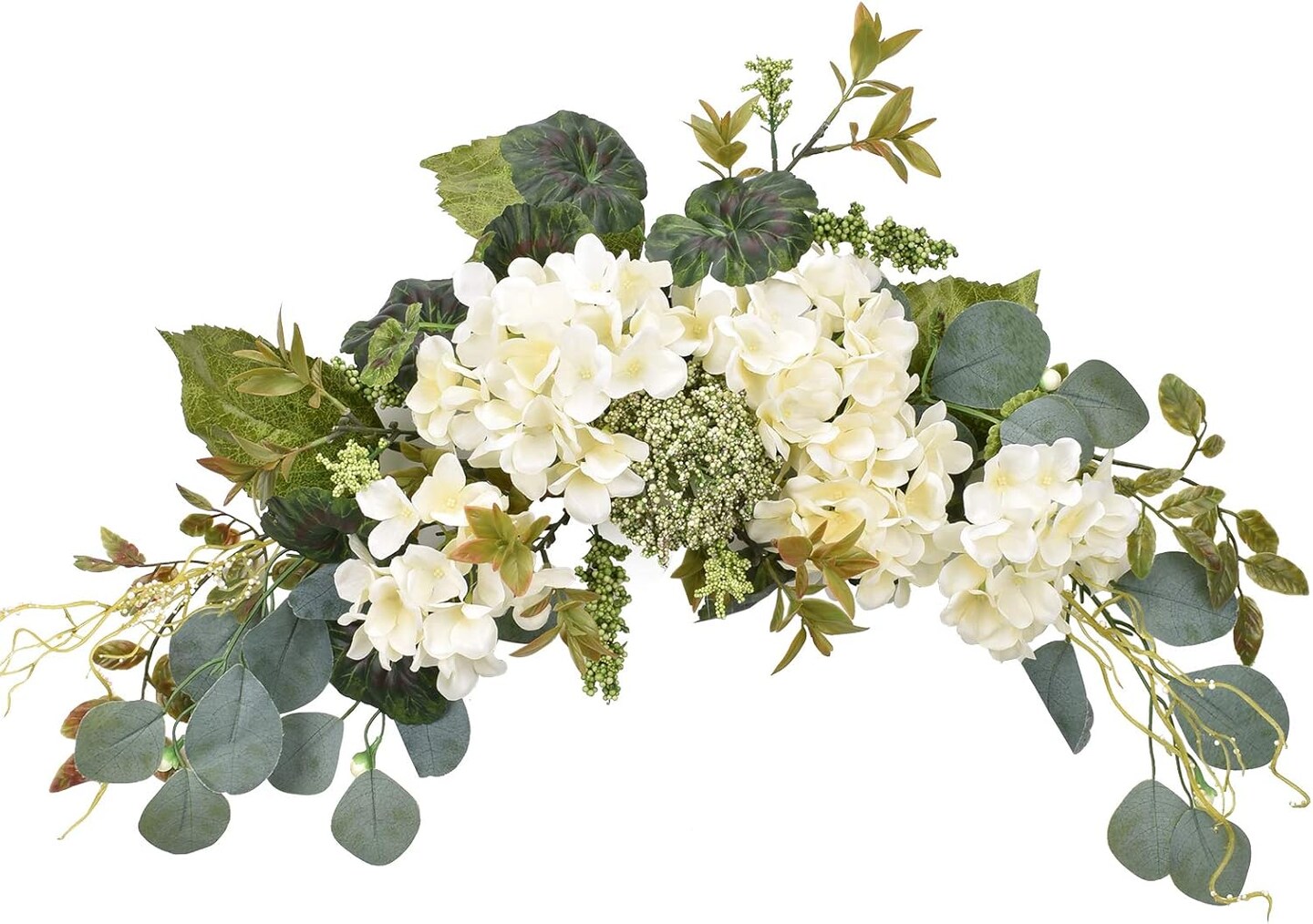 Artificial Swag Hydrangea Flower 28 Inch, White Spring Decorative Swags with Green Leaves for Home Room Front Door Wedding Arch Garden Party Tabletop Wall Decor