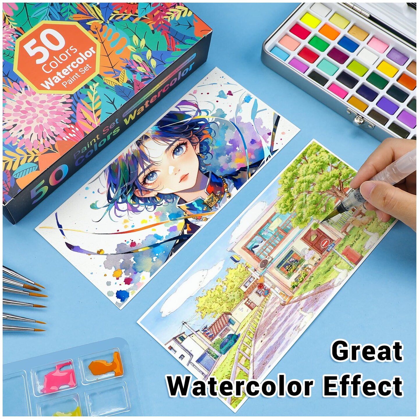 Watercolor Paint Set,50 Colors in Portable Box Travel Watercolor Set,Water Color Paint Sets for Kids,Adult and Beginner Watercolor Painting Kits with Watercolor Papers and Brushes Art supplies