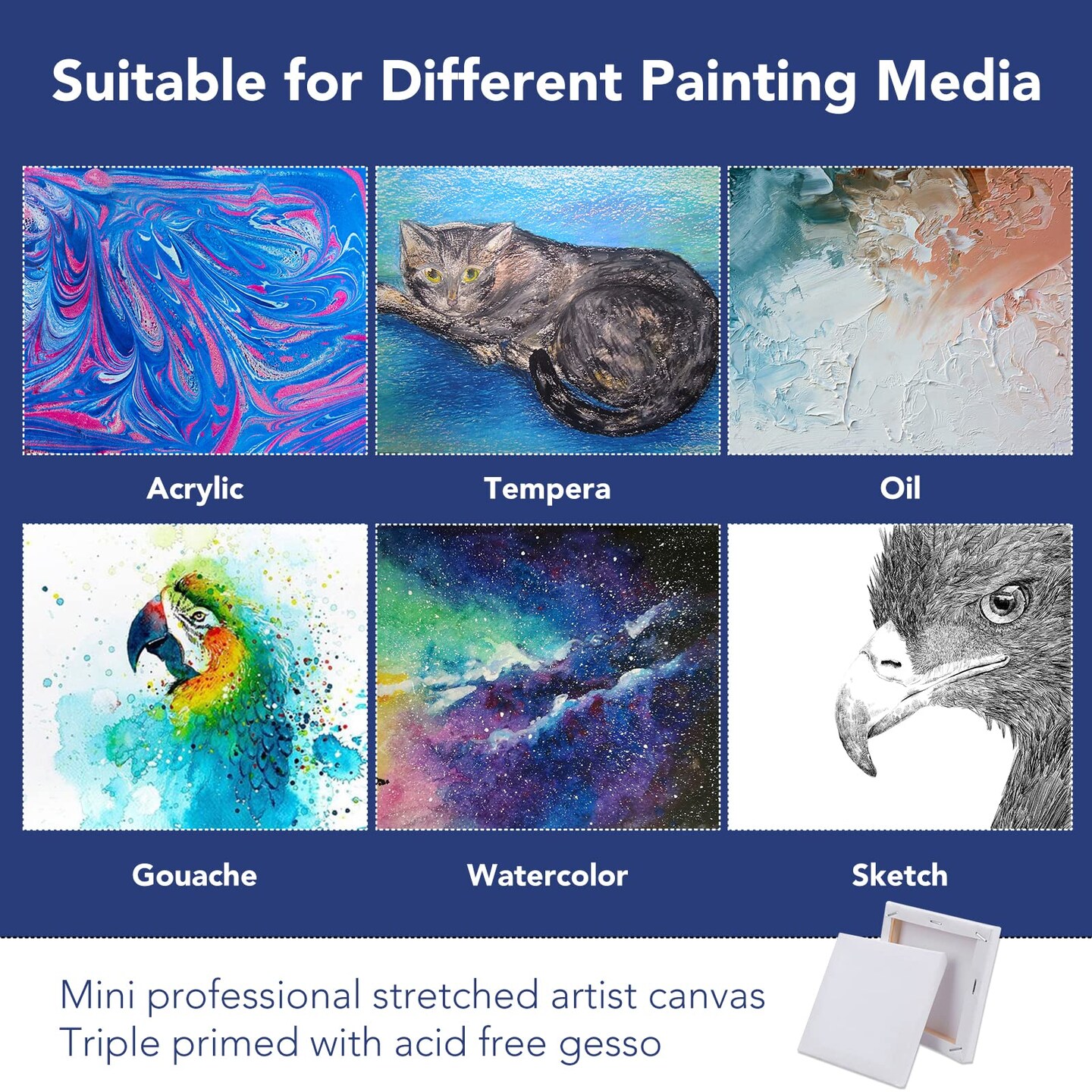 Mini Stretched Canvas 12 Pack 4x4inch, 2/5''Profile Art Primed Canvases for Painting, 100% Cotton Small Professional Stretched Canvas for Kids and Art Supplies,for Acrylics,Oils&Other Painting.