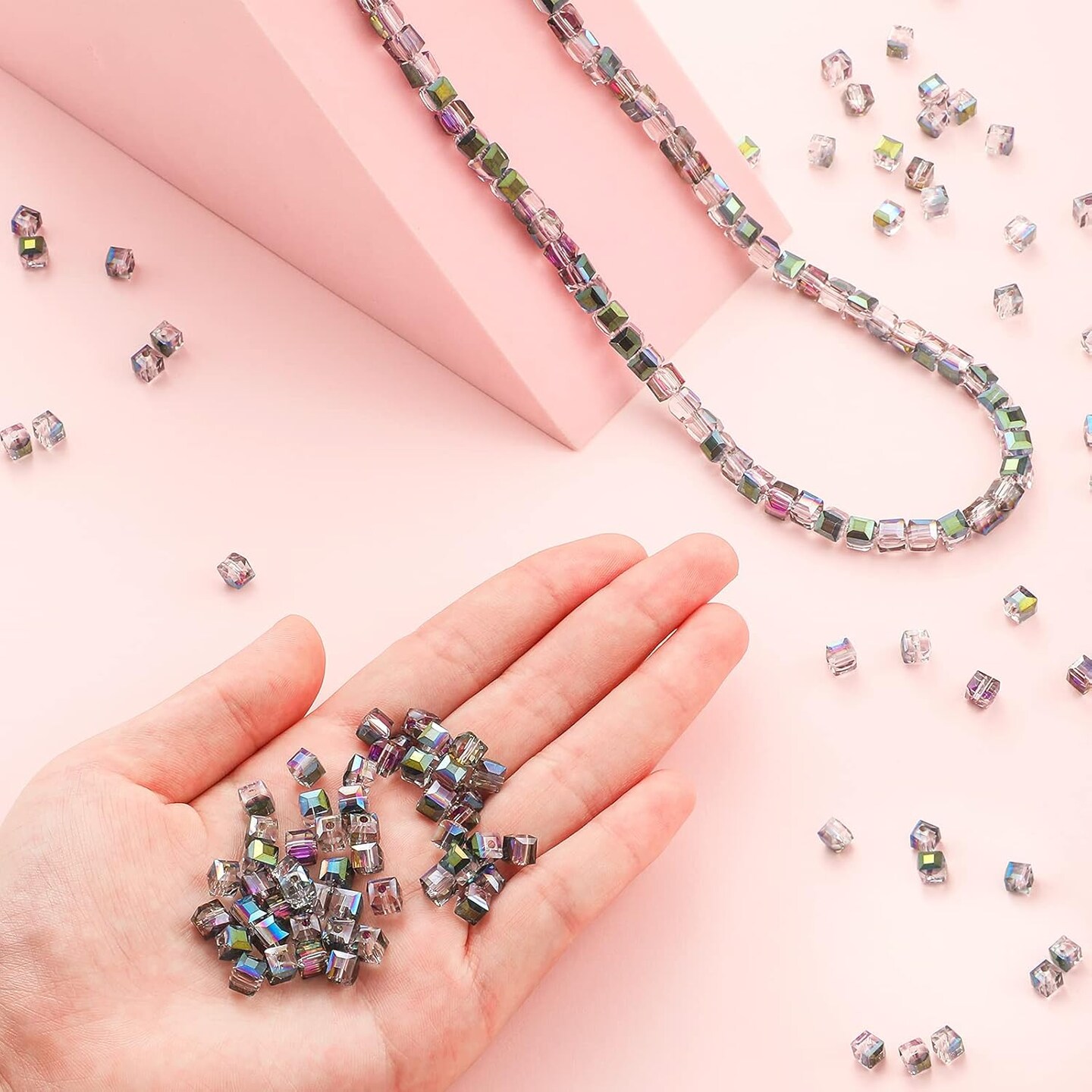 200 Pcs Austrian Crystal Cube Beads Green and Pink Square Glass Bead Quartz Loose Seed Beads