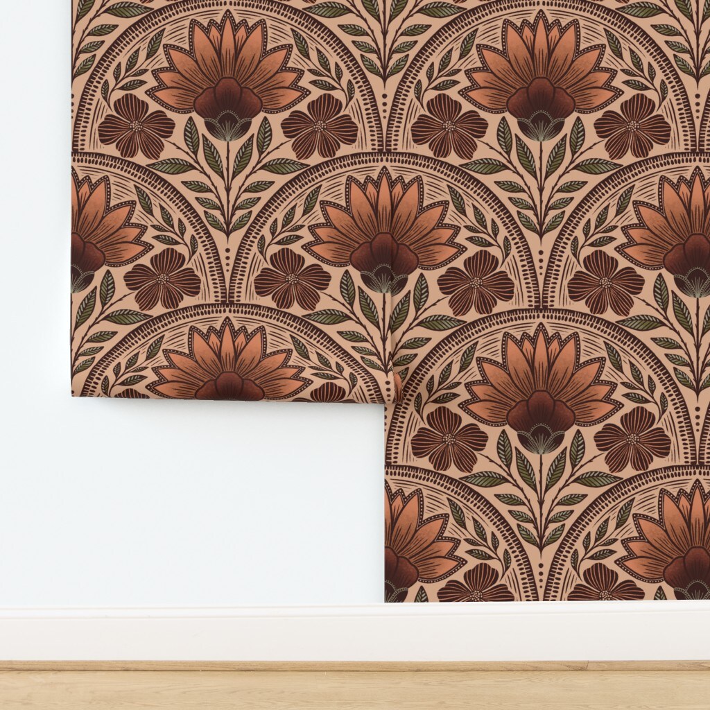 Earth Tone Floral Art Deco Beige Rust Nouveau Rustic Damask Bohemian Botanical Terracotta Custom Pre-pasted Wallpaper by Spoonflower Pre-Pasted Wallpaper 2FT Wide