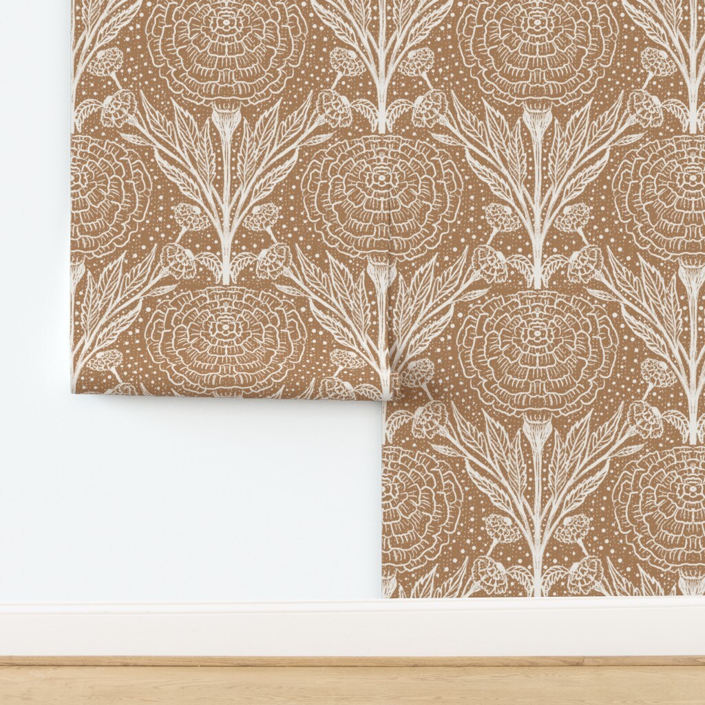 Farmhouse Floral Boho Baby Marigold Bohemian Sketched Flowers Neutral Terra Cotta Cinnamon Brown Xl Scale Custom Removable Wallpaper by Spoonflower Peel & Stick Wallpaper 2FT Wide