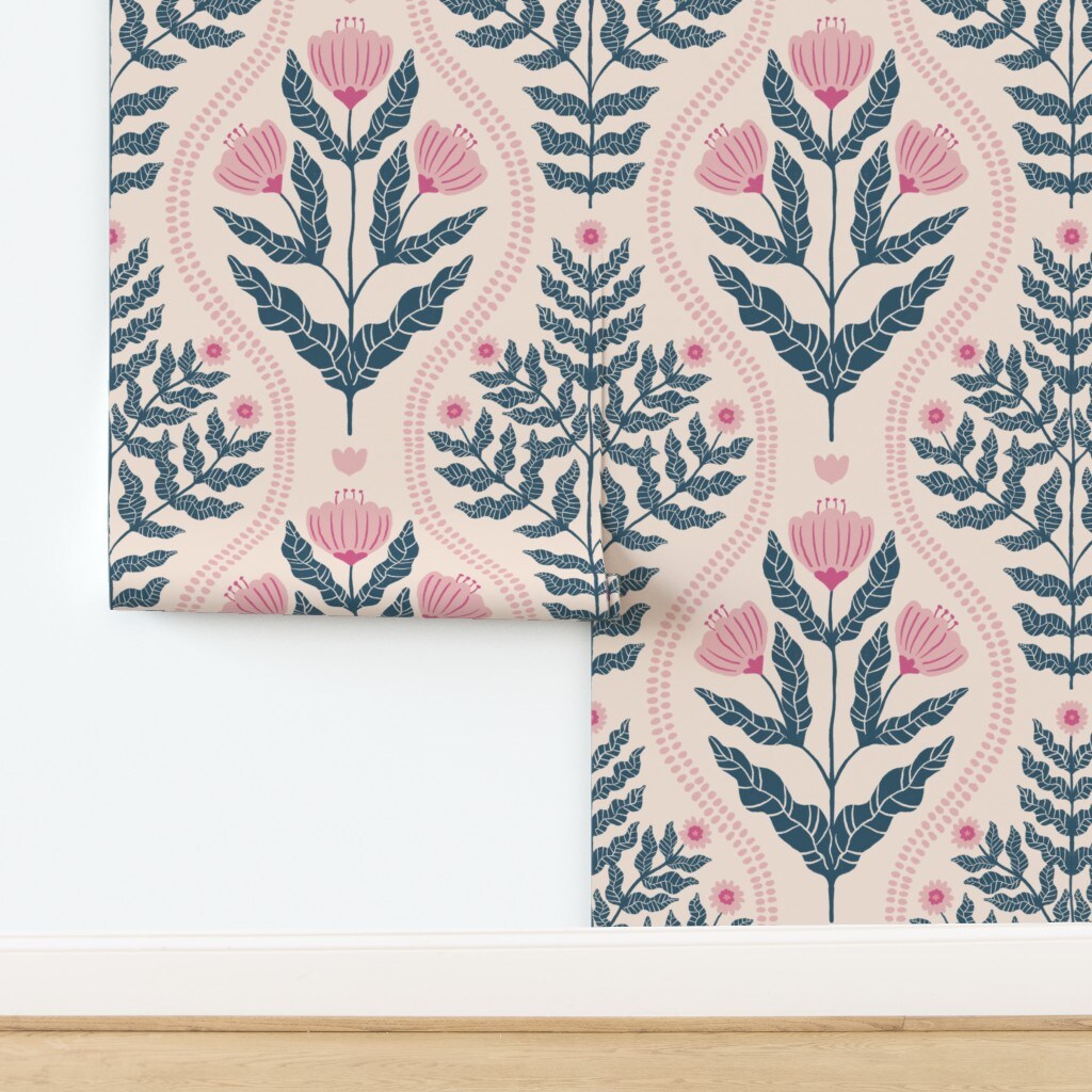 Preppy Floral Pink Blue Botanical Traditional Flowers Custom Pre-pasted Wallpaper by Spoonflower Pre-Pasted Wallpaper 2FT Wide