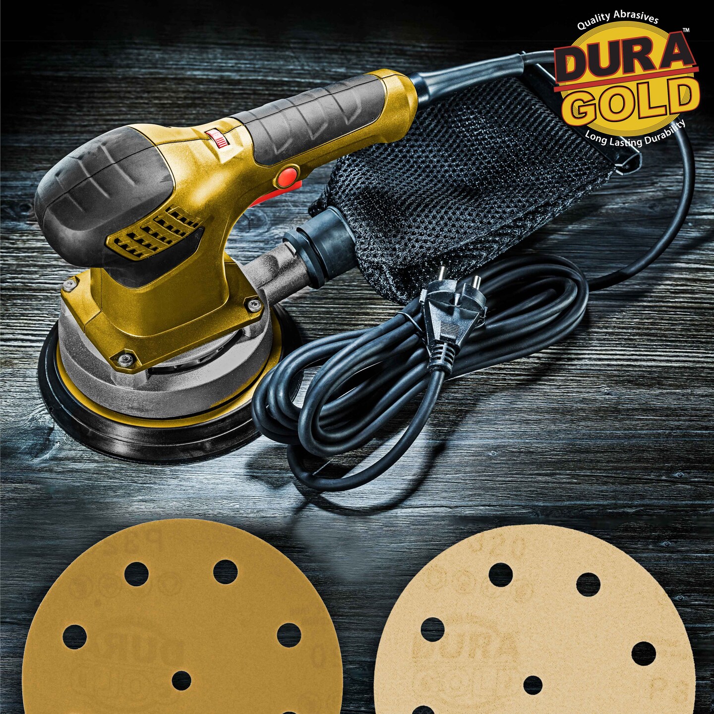 320 Grit - 5&#x22; Gold DA Sanding Discs - 9-Hole Pattern Hook and Loop - Box of 50