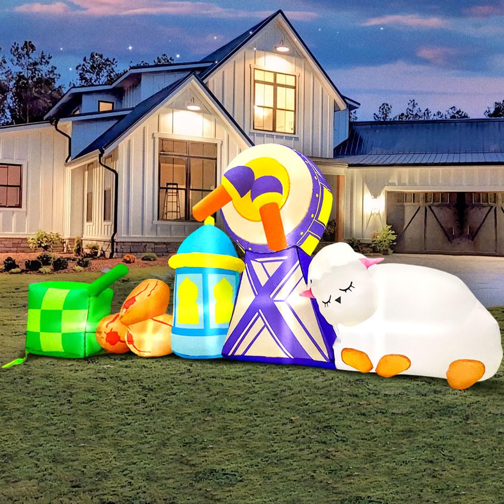 6 FT Spring Inflatable Lamp Outdoor Decoration with Drum Lamb Combine Blow up Yard Decoration, Built-in LED Lights for Easter Ramadan Garden Lawn Party