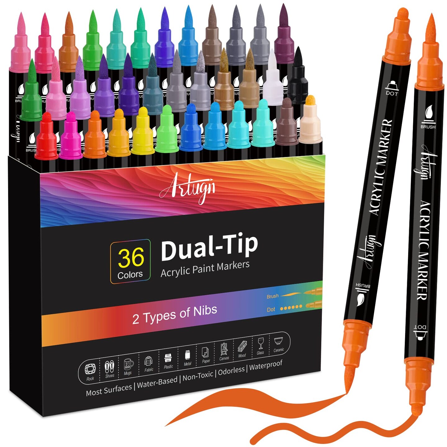 36 Colors Acrylic Paint Pens, Dual Tip Pens With Medium Brush Tip, Paint Markers for Rock Painting, Ceramic, Wood, Plastic, Calligraphy, Scrapbooking, Brush Lettering, Card Making, DIY Crafts &#x26; Organizer Storage Tote Bag