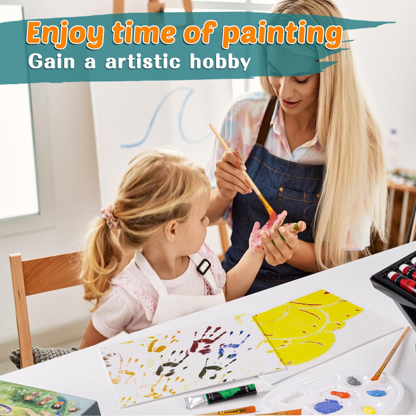 Art Painting Supplies Kit with 18 Paints, 5 Canvas Panels, 8 Brushes, Table Easel, Etc, Premium Paint Set for Students, Artists and Beginner.