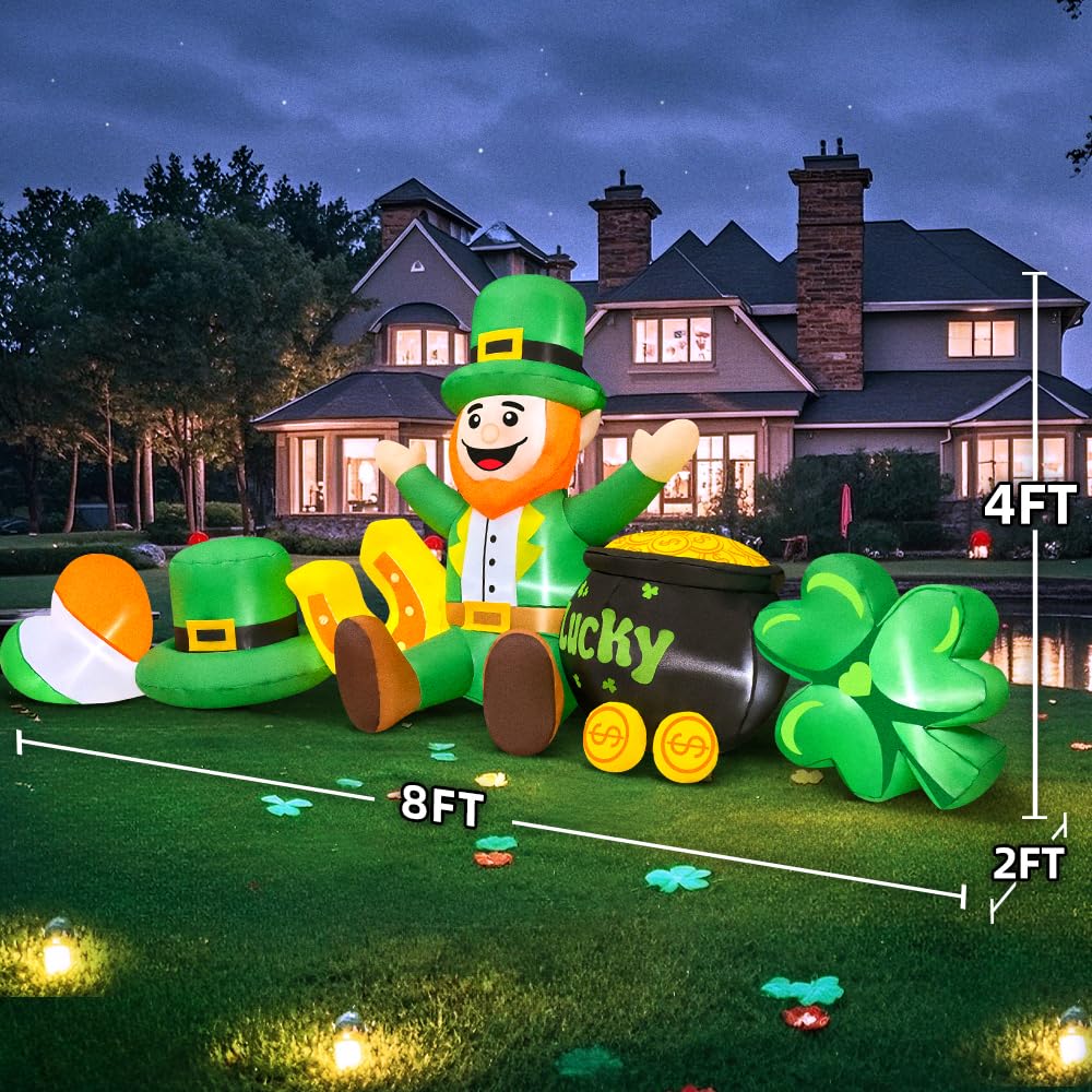 8 FT Long St Patricks Day Inflatables Outdoor Decorations,Inflatable Leprechaun with Clover &#x26; Gold Coins Combo Blow Up Yard Decorations for Holiday Party Yard Lawn Garden