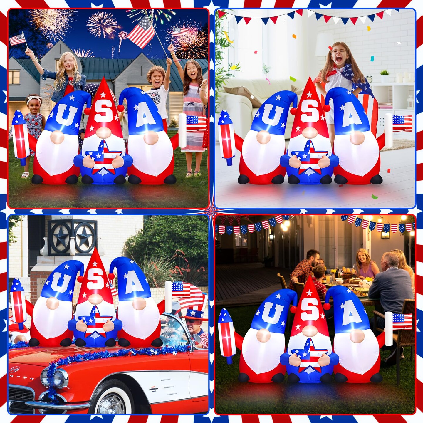 8 FT Long Patriotic 4th of July Inflatables Outdoor Decorations Independence Day 3 Gnomes Holding Flag, Rocket and Star, Built in LED Lights Blow Up Yard Decor for Memorial Day, Lawn, Garden, Party