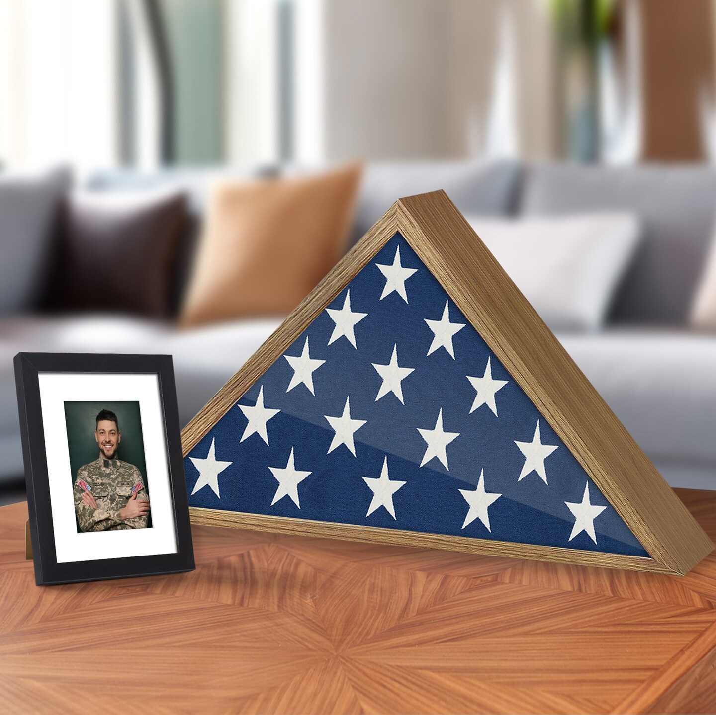 Americanflat Small Flag Display Case for Burial Flag - Fits Folded Flag - Elegant Military Flag Display Case - Plexiglass Cover - Triangle Hanging Hardware - Brown