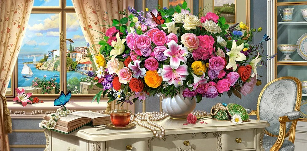 4000 Piece Jigsaw Puzzle, Summer Flowers and Cup of Tea, Still nature jigsaw, Romantic picture, Classic, Adult Puzzle, Castorland C-400263-2