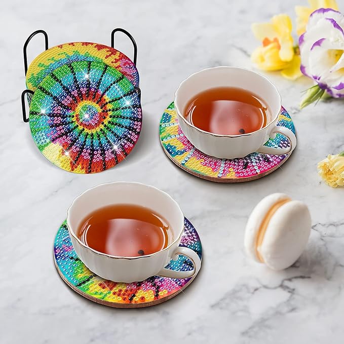 8 PCS Tie-Dye Diamond Art Coasters Kits with Holder DIY Tie-Dye Diamond Art Coaster Non Slip Coaster for Adults Diamond Art Kits Supplies for Present