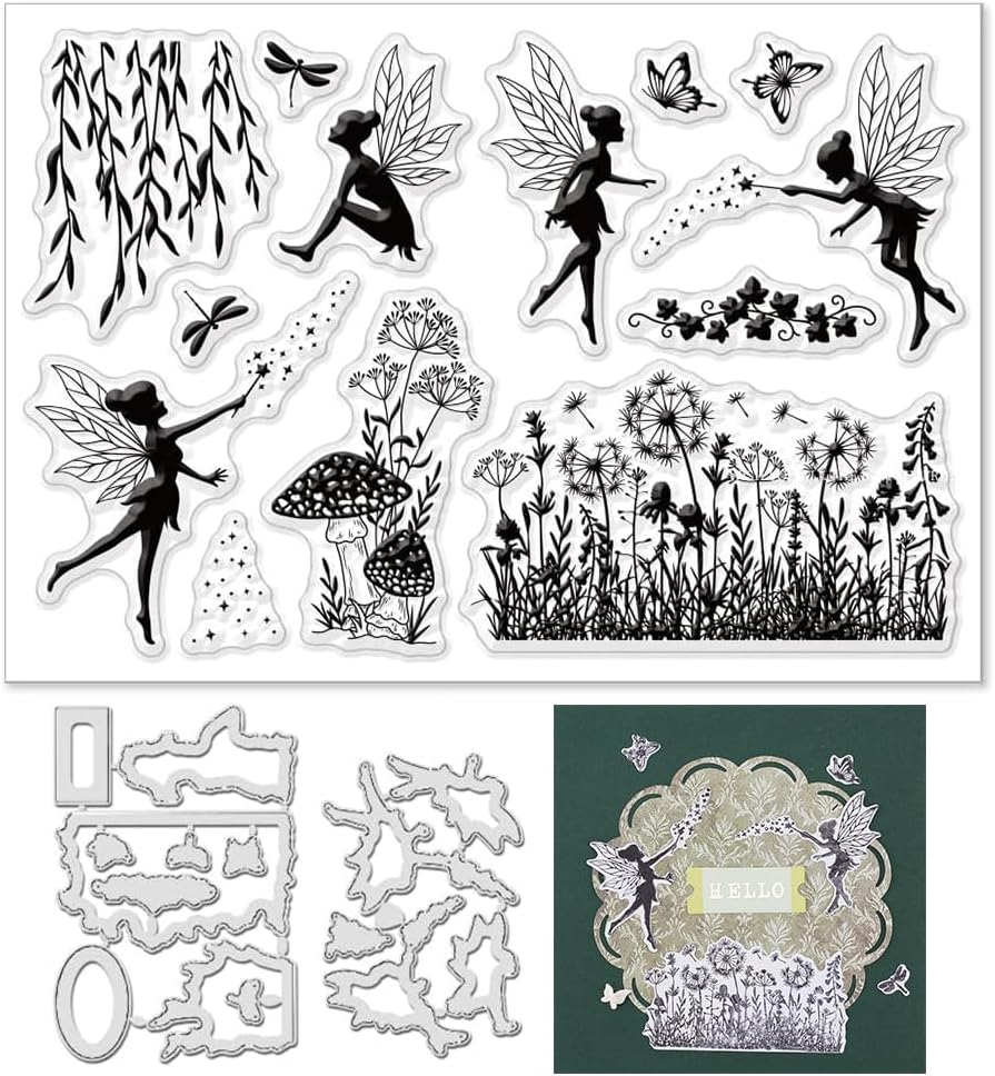 Flower Elves Clear Stamps & Dies - Plant Leaf & Angel Stamps for Card Making, Scrapbooking & Crafting