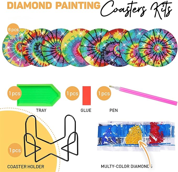 8-Piece Tie Dye Diamond Painting Coasters with Holder – Fun DIY Craft Gift for Adults & Kids