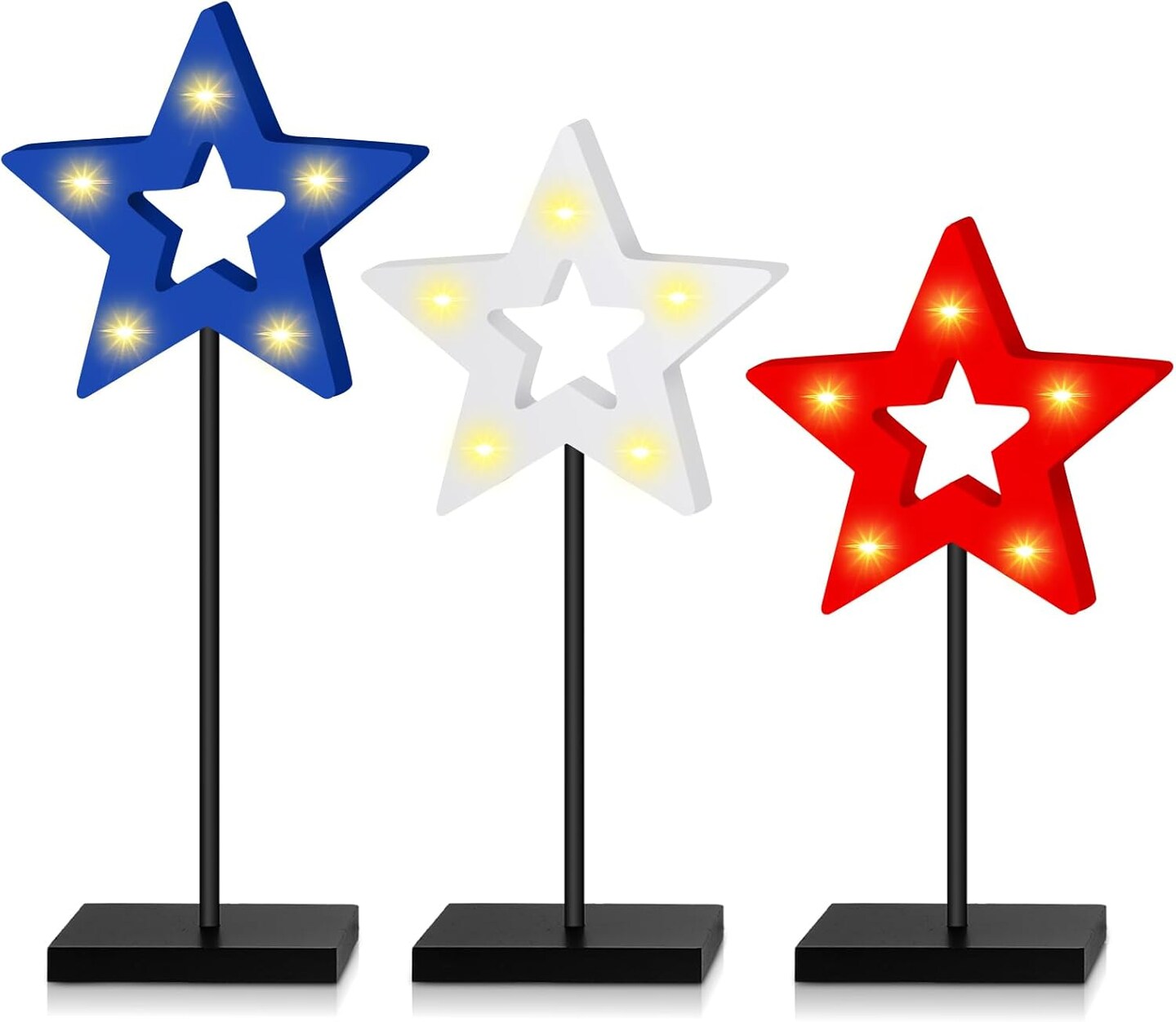 3pc Light-Up Patriotic Wooden Stars - Hollow LED Star Centerpieces for 4th of July