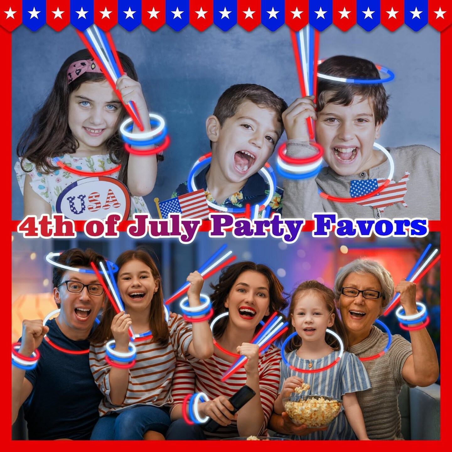 4th of July Red White Blue Glow Sticks Party Favors Supplies 150 PCS,Light Up Bracelets Necklaces Accessories Decorations for Kids