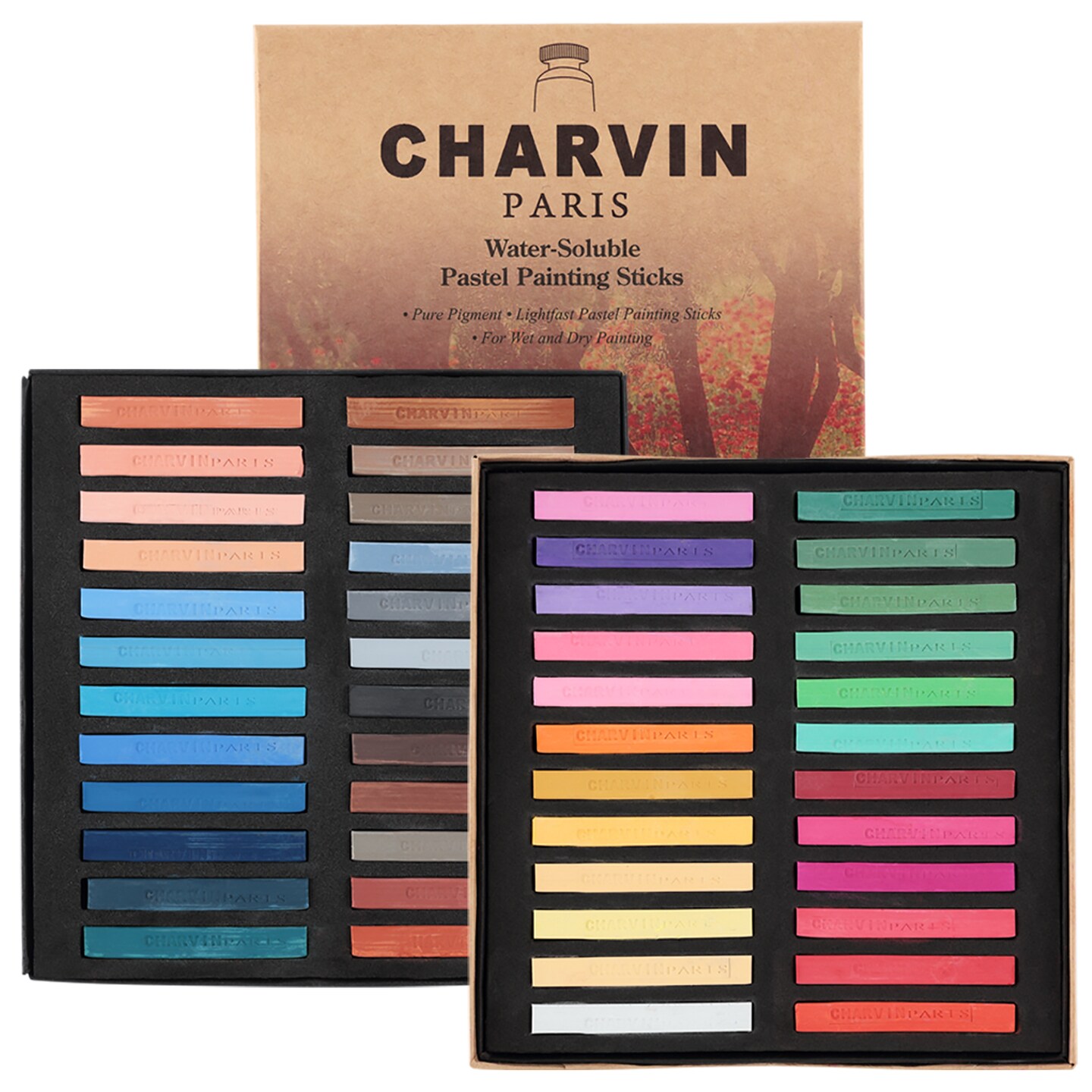 Charvin Artist Colored Chalk Pastels (Set of 48) - Water Soluble, Assorted Pastel Color Sticks for Wet, &#x26; Dry Painting