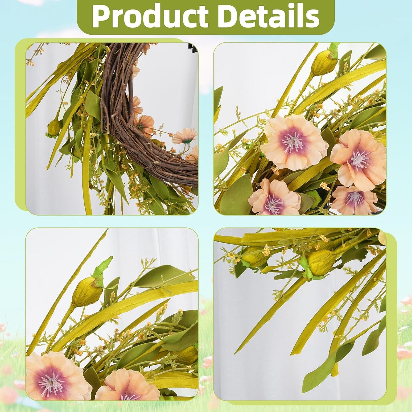 26 Inch Summer Champagne Daisy Wreath for Front Door with Freesia, Baby&#x27;s Breath Floral Wreath for Indoor Outdoor, Home Door Wall Window Wedding Party Festival Decorations