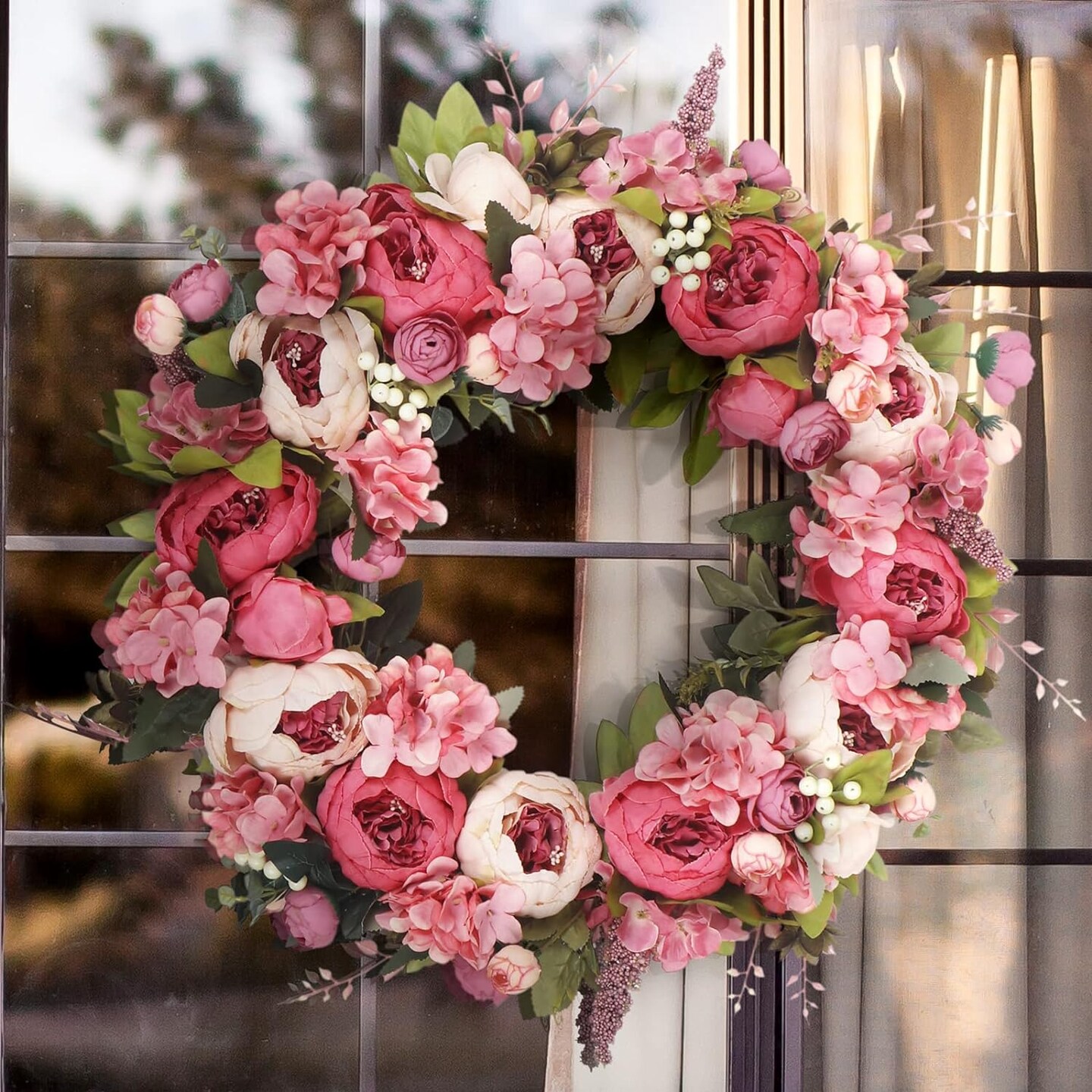 Wreath 26 Inches - Peony Flower Summer Wreaths for Front Door Outside - Summer Floral Bud Wreath -Handmade Door Wreaths,Pink&Purple&Green