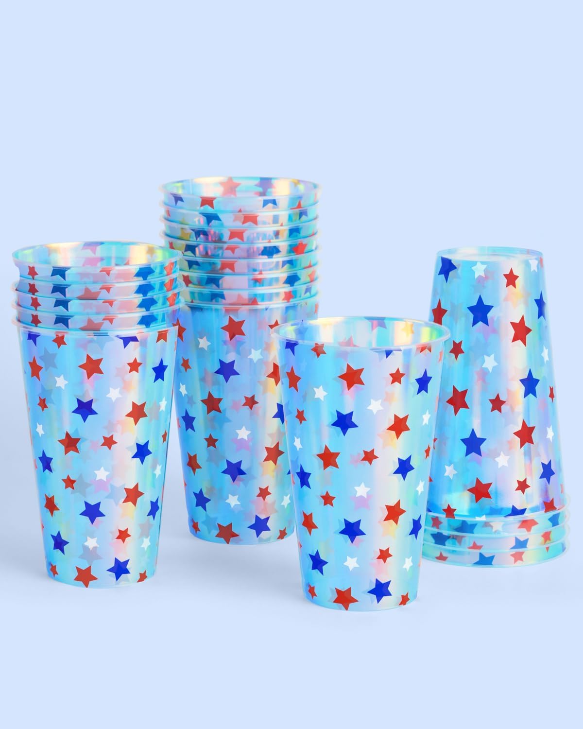 Fetti Fourth of July Party Decorations Iridescent Plastic Cups - 16 Disposable 16 oz Cups | USA Party Favors, American Flag Party Supplies, 4th of July Decorations, Red White and Blue Decor