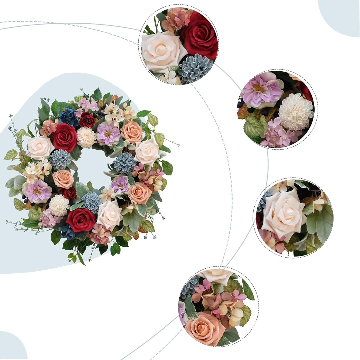 22 Inch Spring/Summer Floral Wreaths for Front Door,Artificial Valentines Day Wreath with Roses Dahlias Gardenias Hydrangeas for Home Wall Window Wedding Party Festival Decor