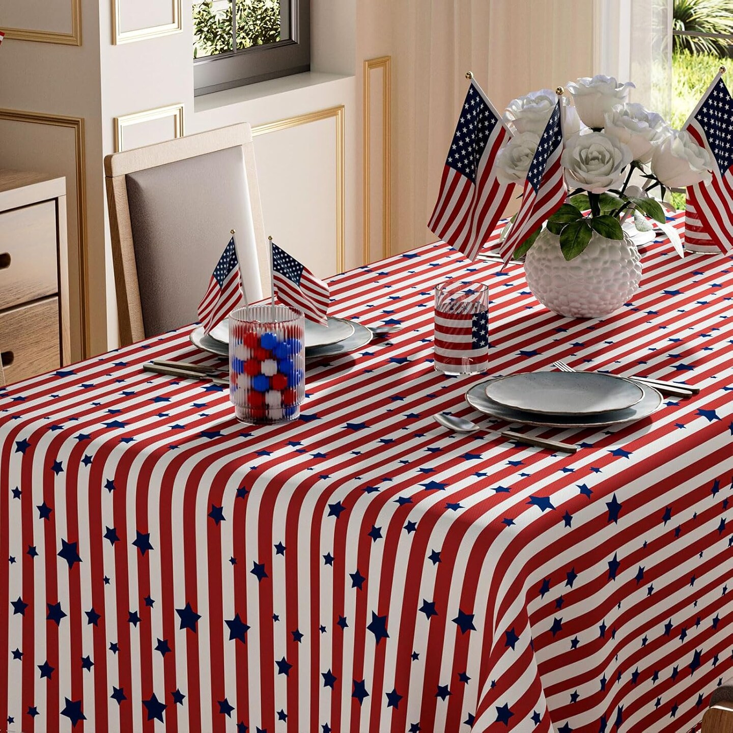 Red and White Stripes Blue Stars Patriotic America 4th of July Memorial Day Independence Day Tablecloth Rectangle Washable Table Covers