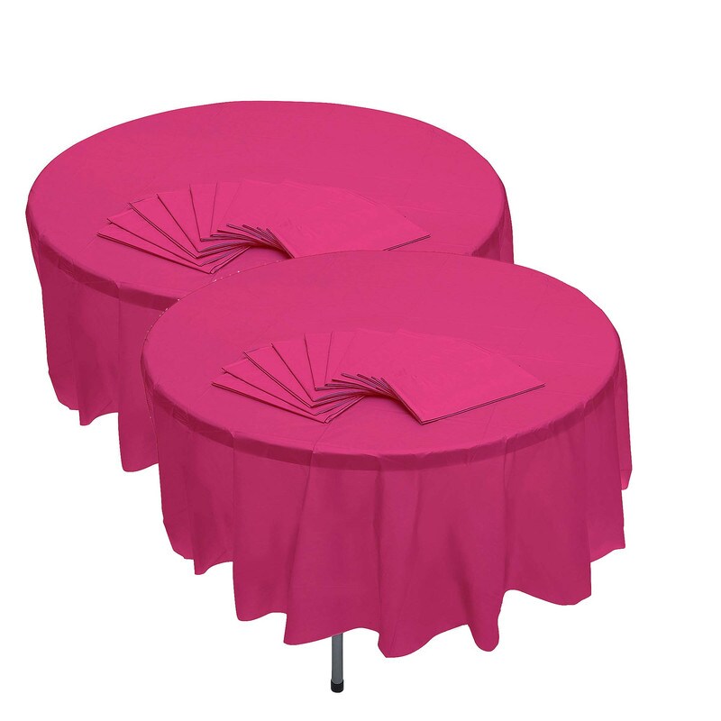 82&#x22; Bulk Pack of 12 Hot Pink Banquet Style Round Disposable Plastic Tablecloths