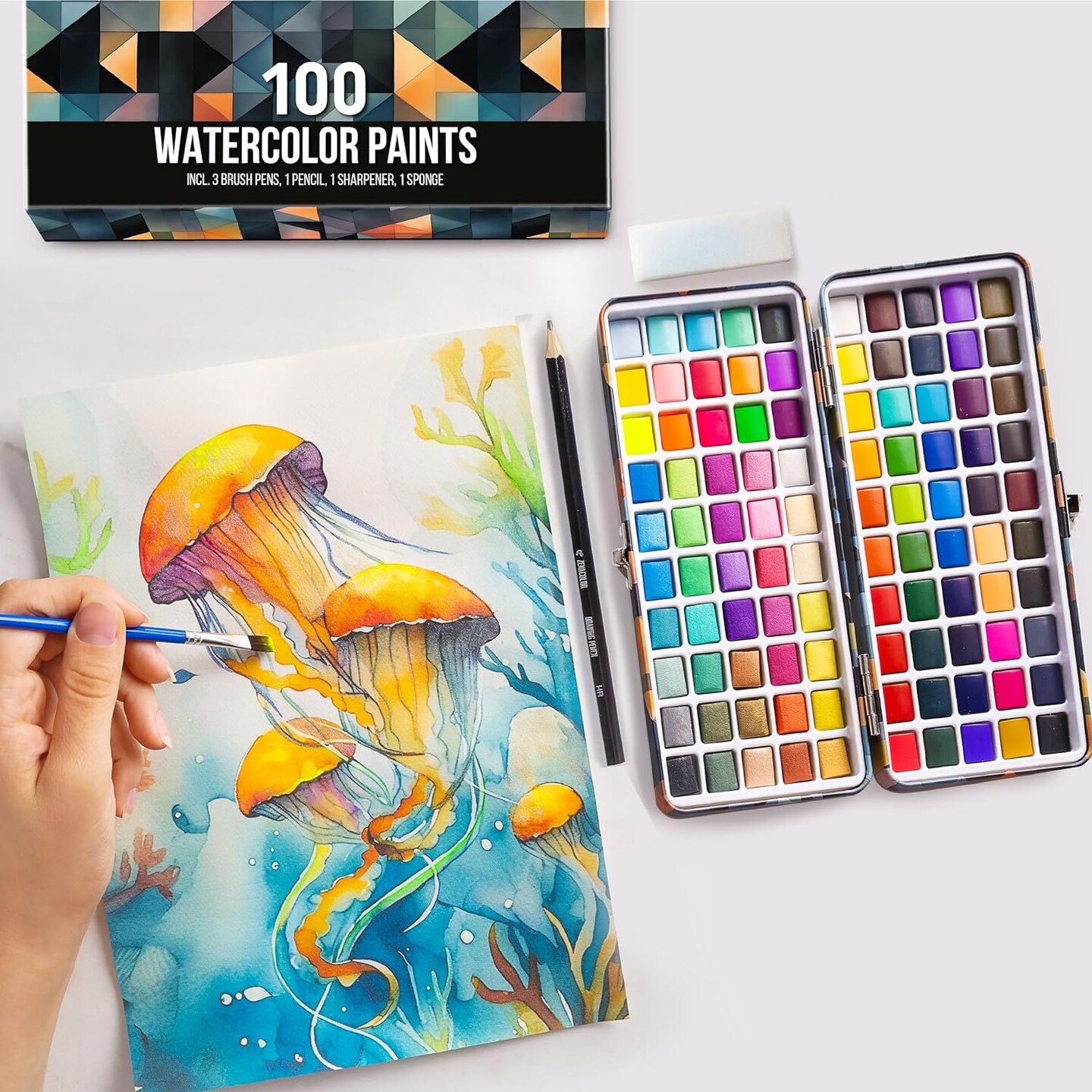 Watercolor Paint Set with 100 Colors - Water Color Pallet Adult &#x26; Kids with 3 Brush Pens - Vibrant, Neon, Pastel &#x26; Metallic Watercolor Paint