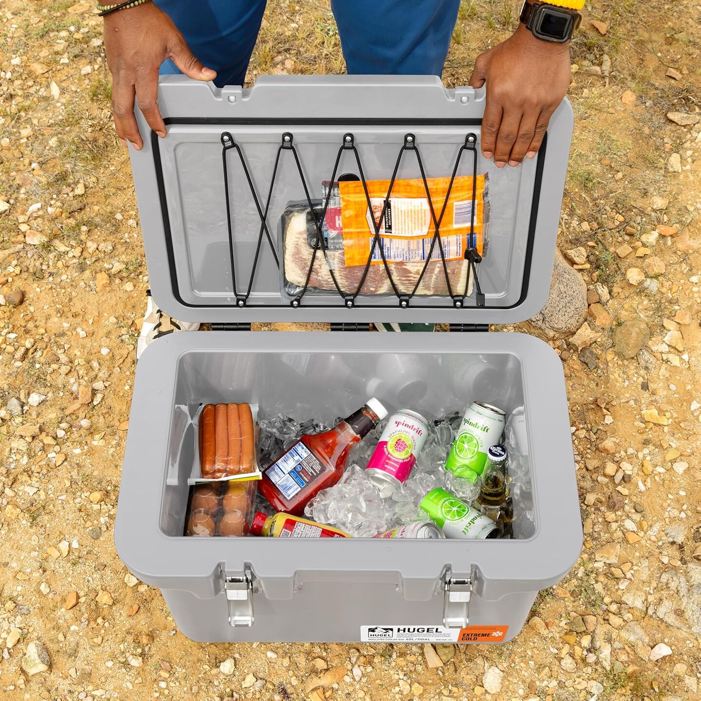 IRIS USA Hugel 44 QT Cooler, Heavy Duty Metal Buckles, Vacuum-Insulated Ice Chest, Durable Hard Cooler, Bungee Strap, Built-in Handles, Light Gray