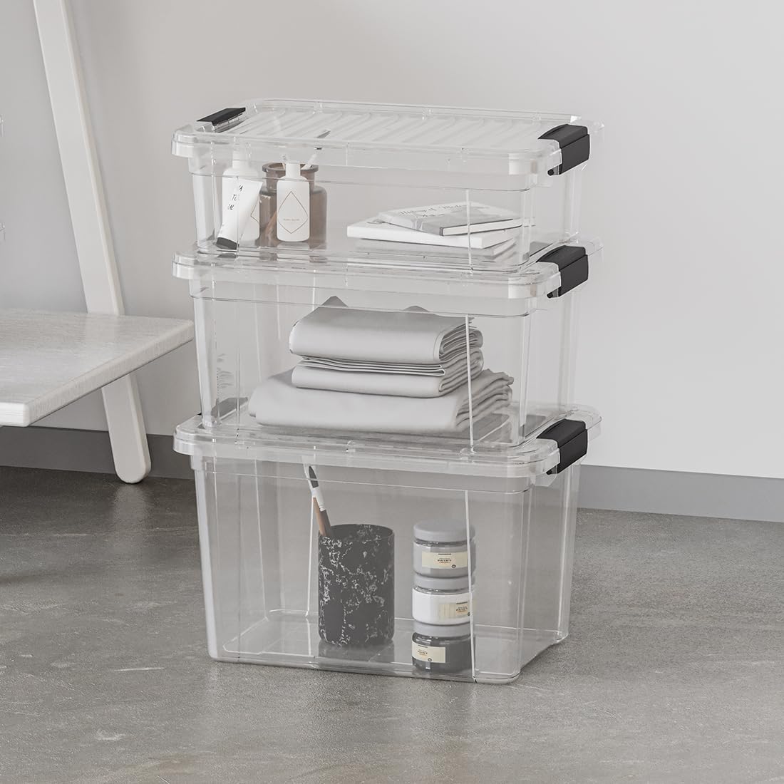 Superio Clear Storage Box with Lid, Plastic Container Bins for Organizing, Stackable Crates, BPA Free, Non Toxic, Odor Free, Organizers for Home, Office, School, and Dorm