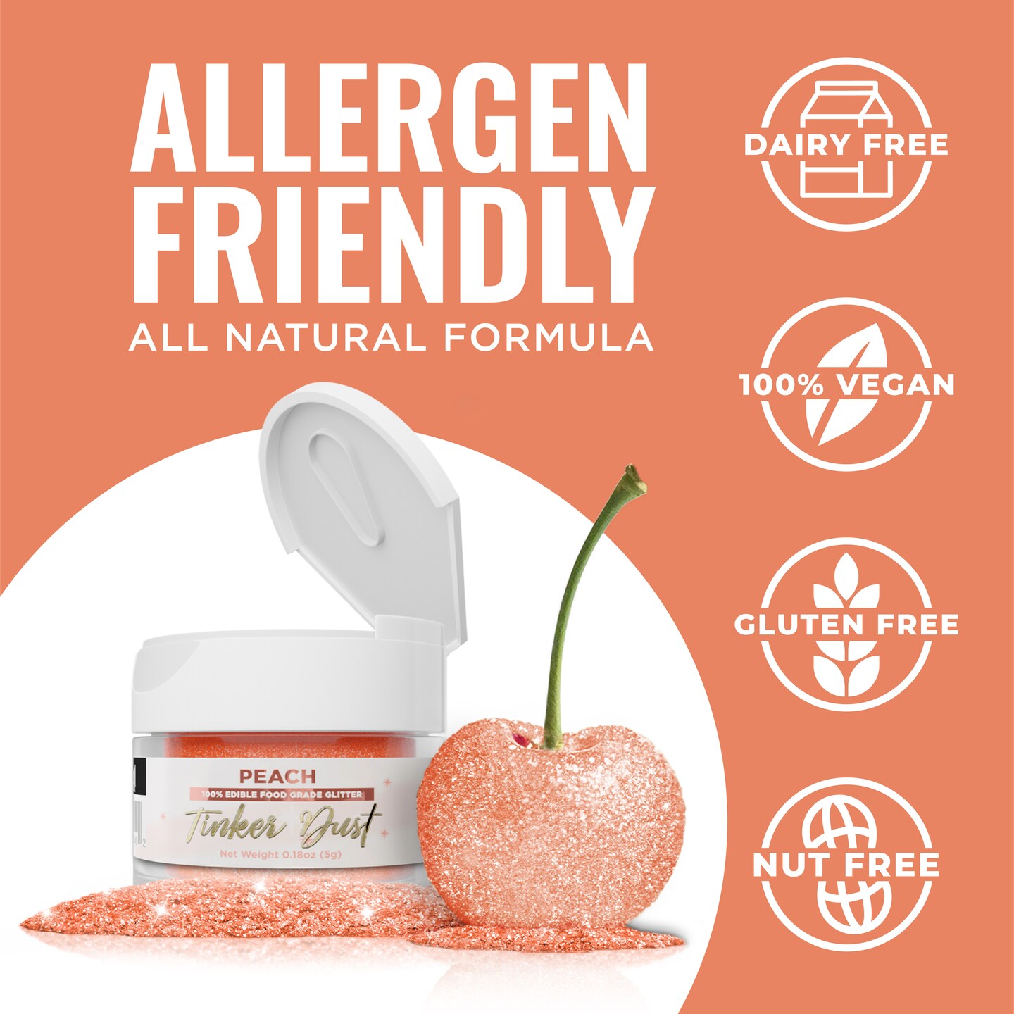 Bakell - Peach Tinker Dust Edible Glitter (5g, 1x Jar) for Food, Desserts, and Beverages!